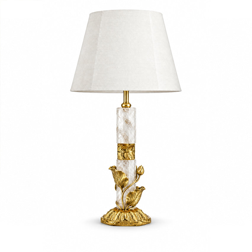 Floral Leaf Crystal Table Lamp with a crystal column, gold-toned brass floral details and a white fabric shade