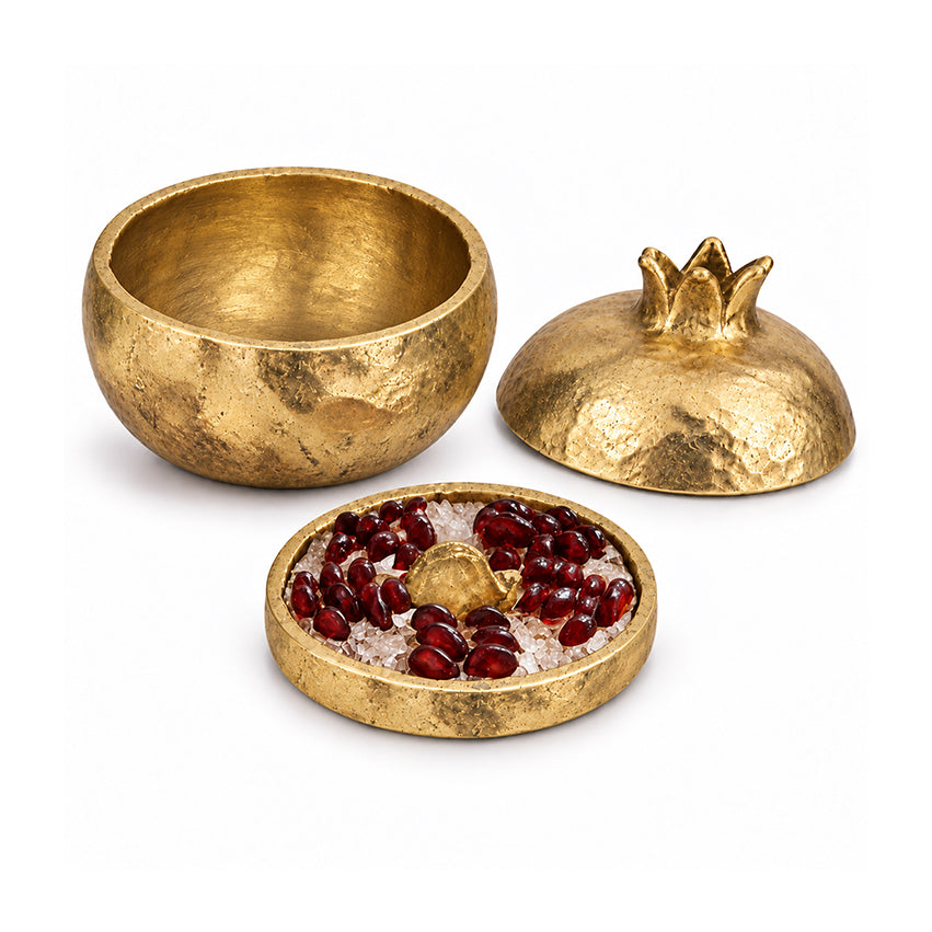 Pomegranate decorative box shown with its lid and removable garnet and clear quartz insert.