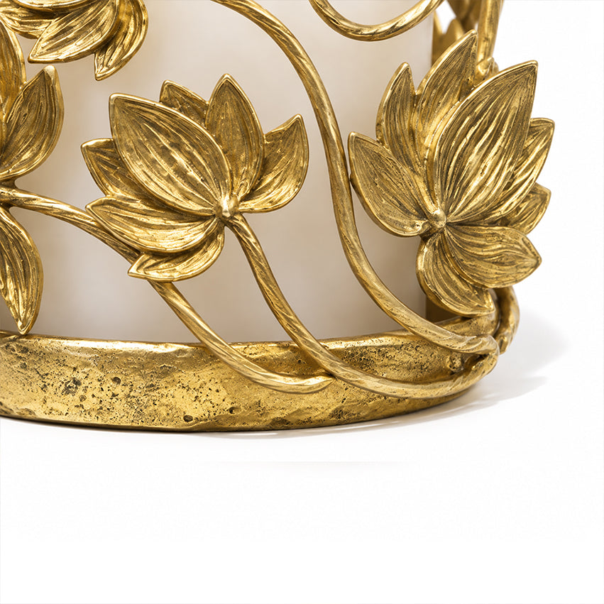 Close-up of gold-toned brass lotus leaves on the Golden Lotus Candle Holder