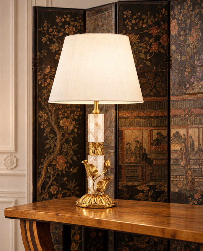 Floral Leaf Crystal Table Lamp on a wooden console in front of a decorative screen