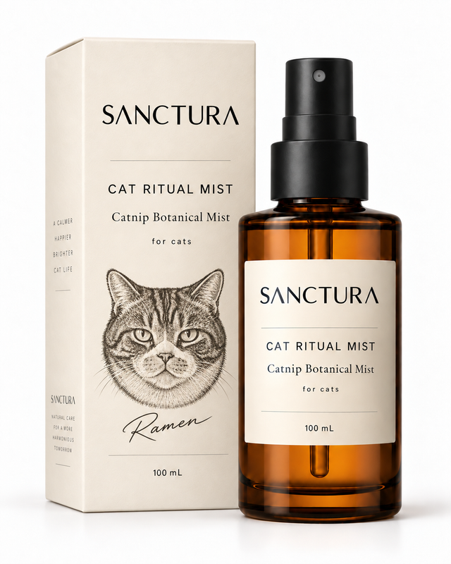 Sanctura Cat Ritual Mist 100 mL amber spray bottle beside its illustrated cat packaging.