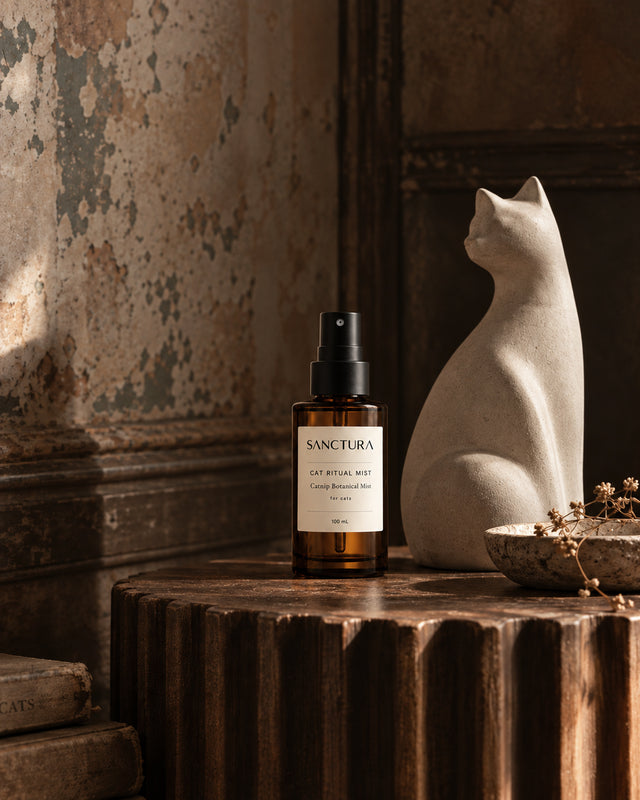 Sanctura Cat Ritual Mist bottle on a wooden table beside a cat sculpture.