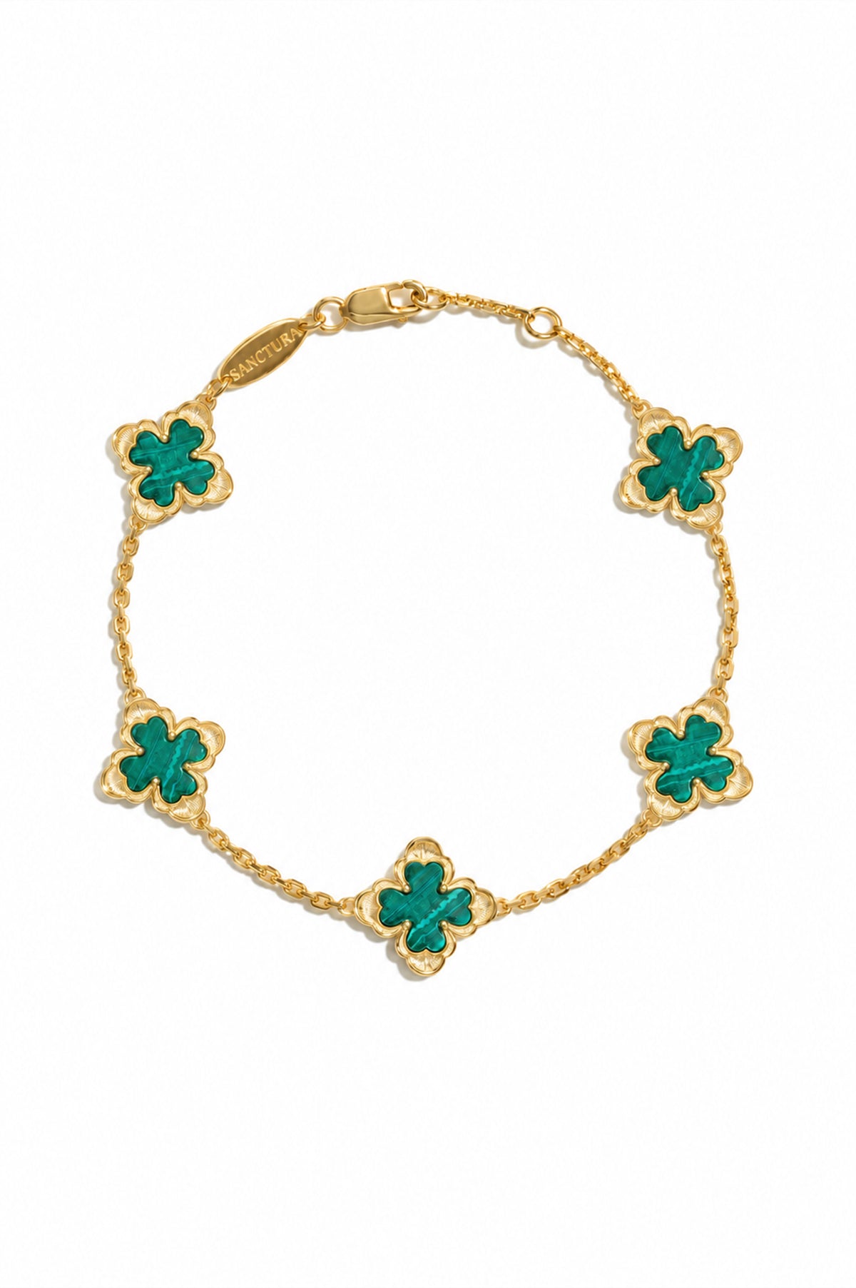 Classic Sacred Bloom Five-Motif Bracelet — Malachite, five floral motifs and a lobster clasp, white background