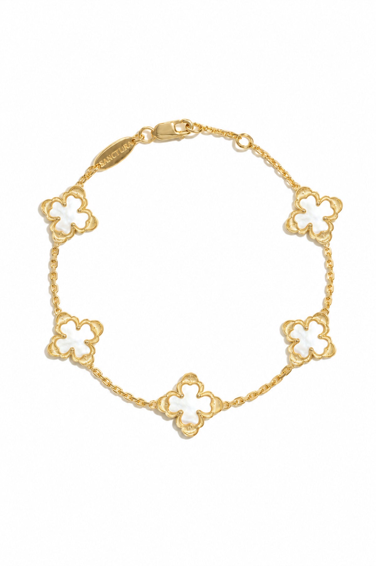 Classic Sacred Bloom Five-Motif Bracelet — Mother-of-Pearl, five floral motifs and a lobster clasp, white background