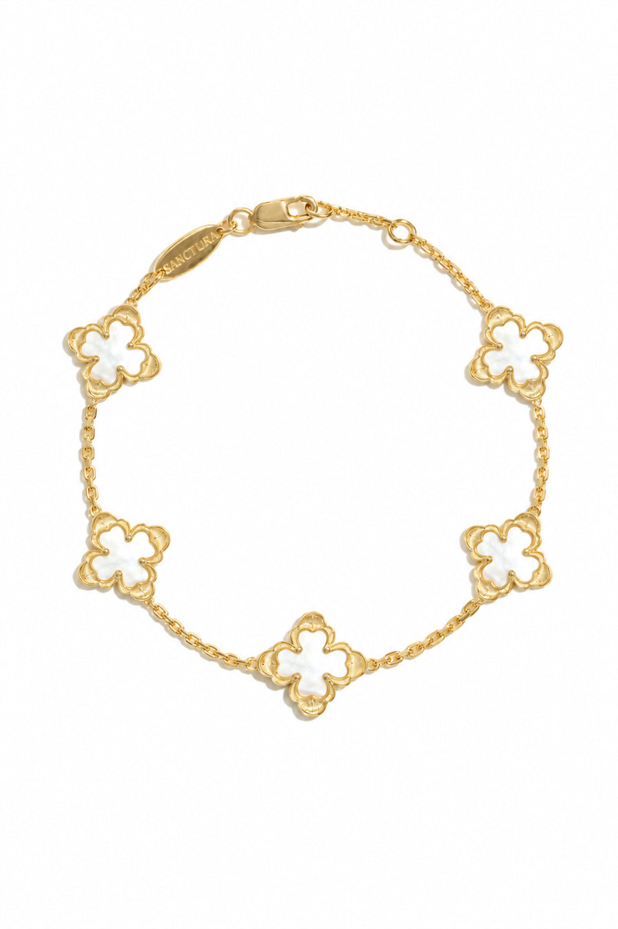 Classic Sacred Bloom Five-Motif Bracelet — Mother-of-Pearl, five floral motifs and a lobster clasp, white background