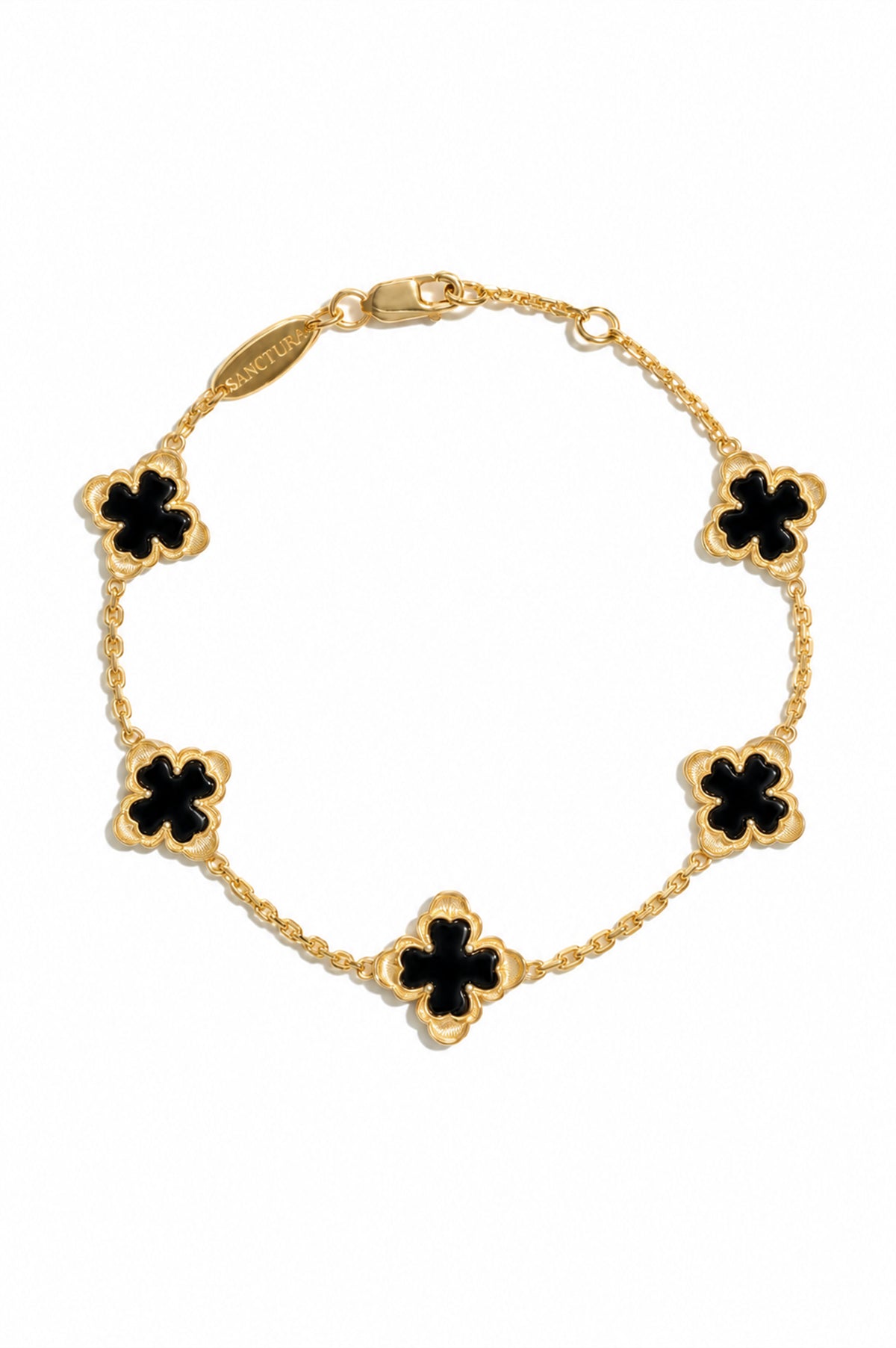 Classic Sacred Bloom Five-Motif Bracelet — Onyx, five floral motifs and a lobster clasp, white background