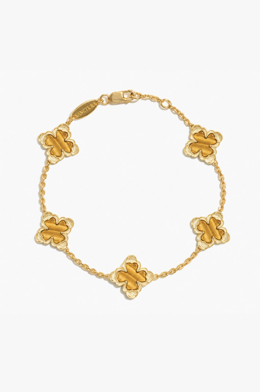 Classic Sacred Bloom Five-Motif Bracelet — Tiger's Eye, five floral motifs and a lobster clasp, white background