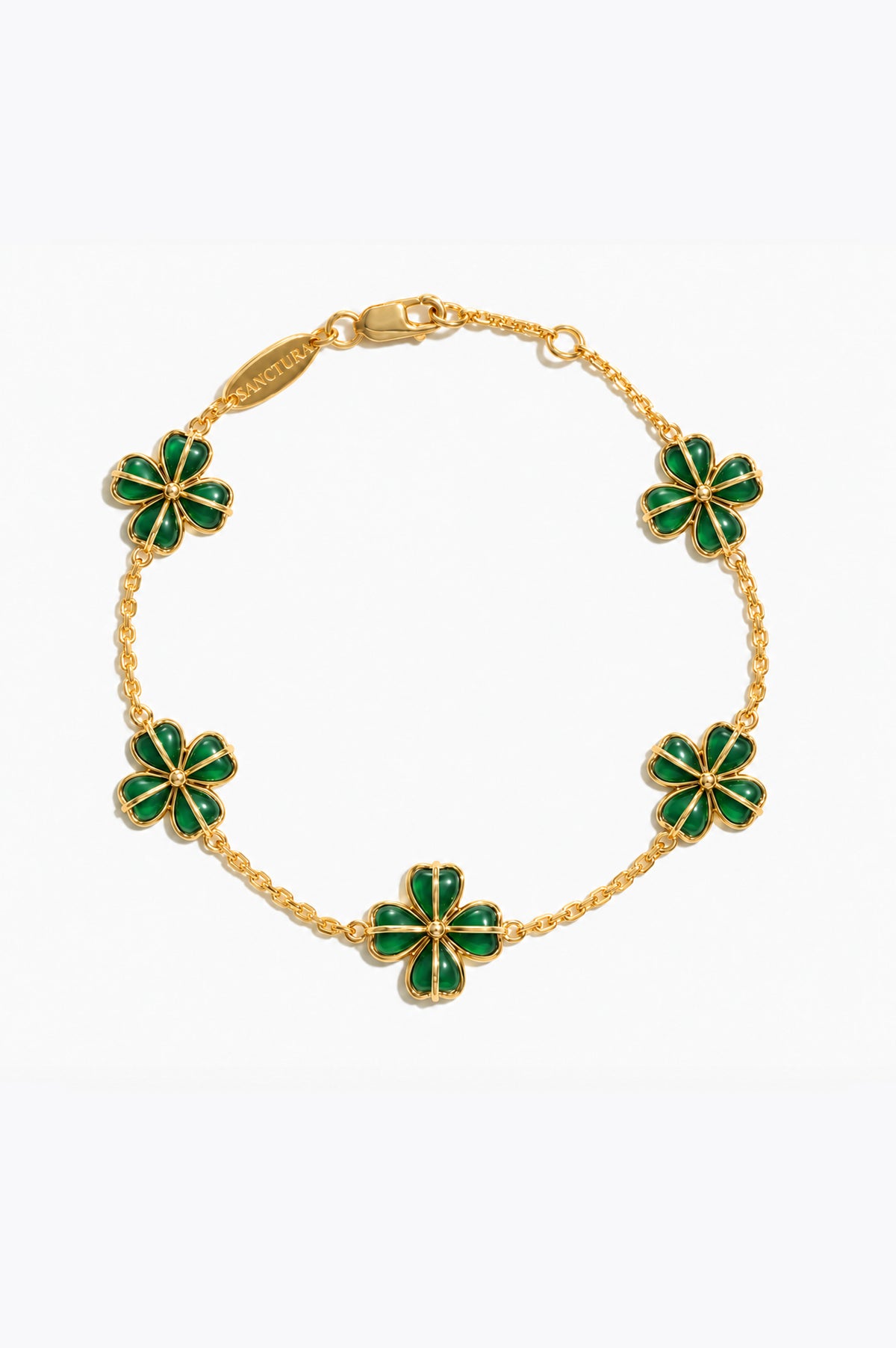 Crimson Totem Agate Five-Motif Bracelet — Green Agate, five floral motifs and a lobster clasp, gray background