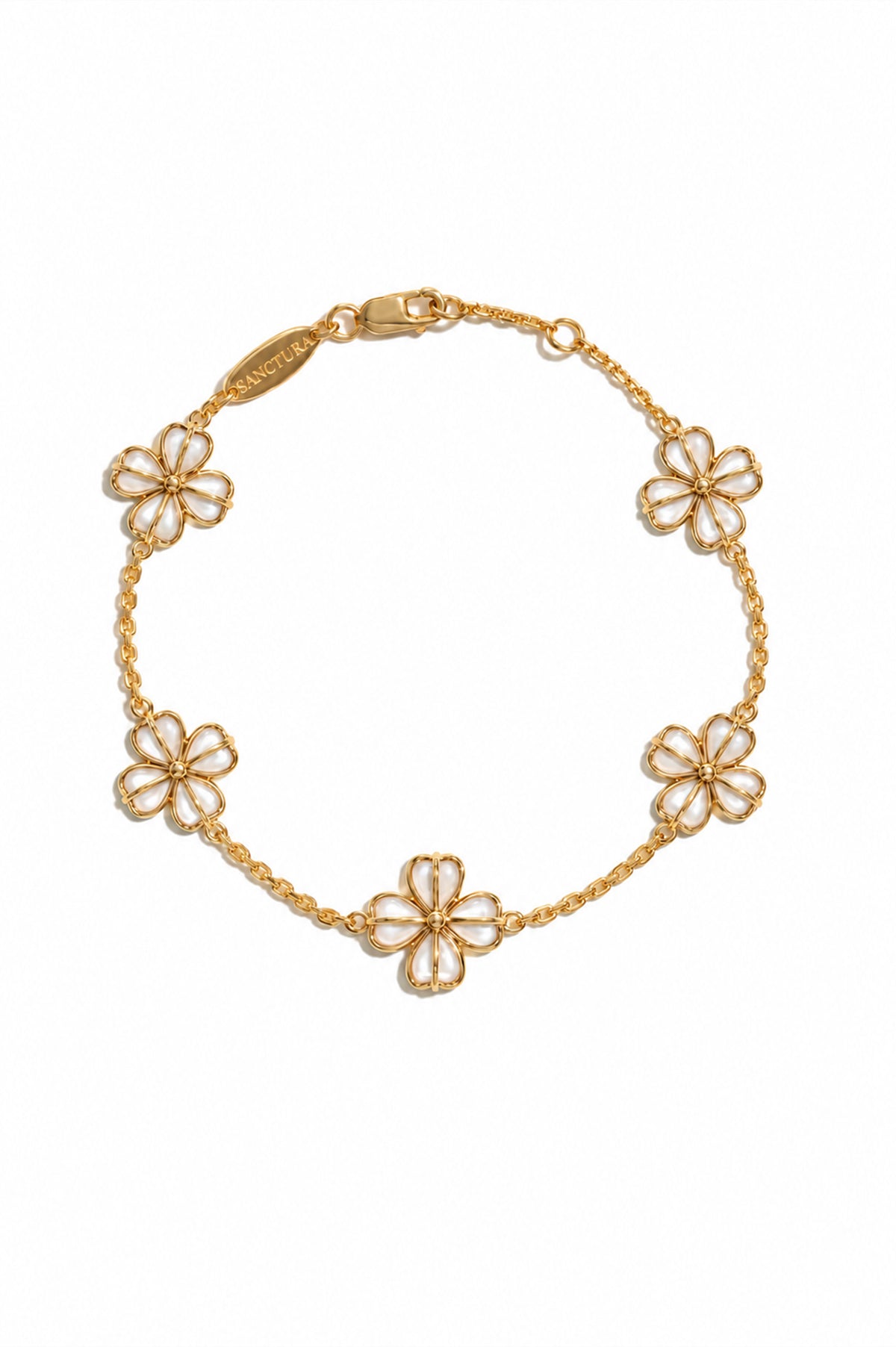 Crimson Totem Agate Five-Motif Bracelet — White Mother-of-Pearl, five floral motifs and a lobster clasp, white background