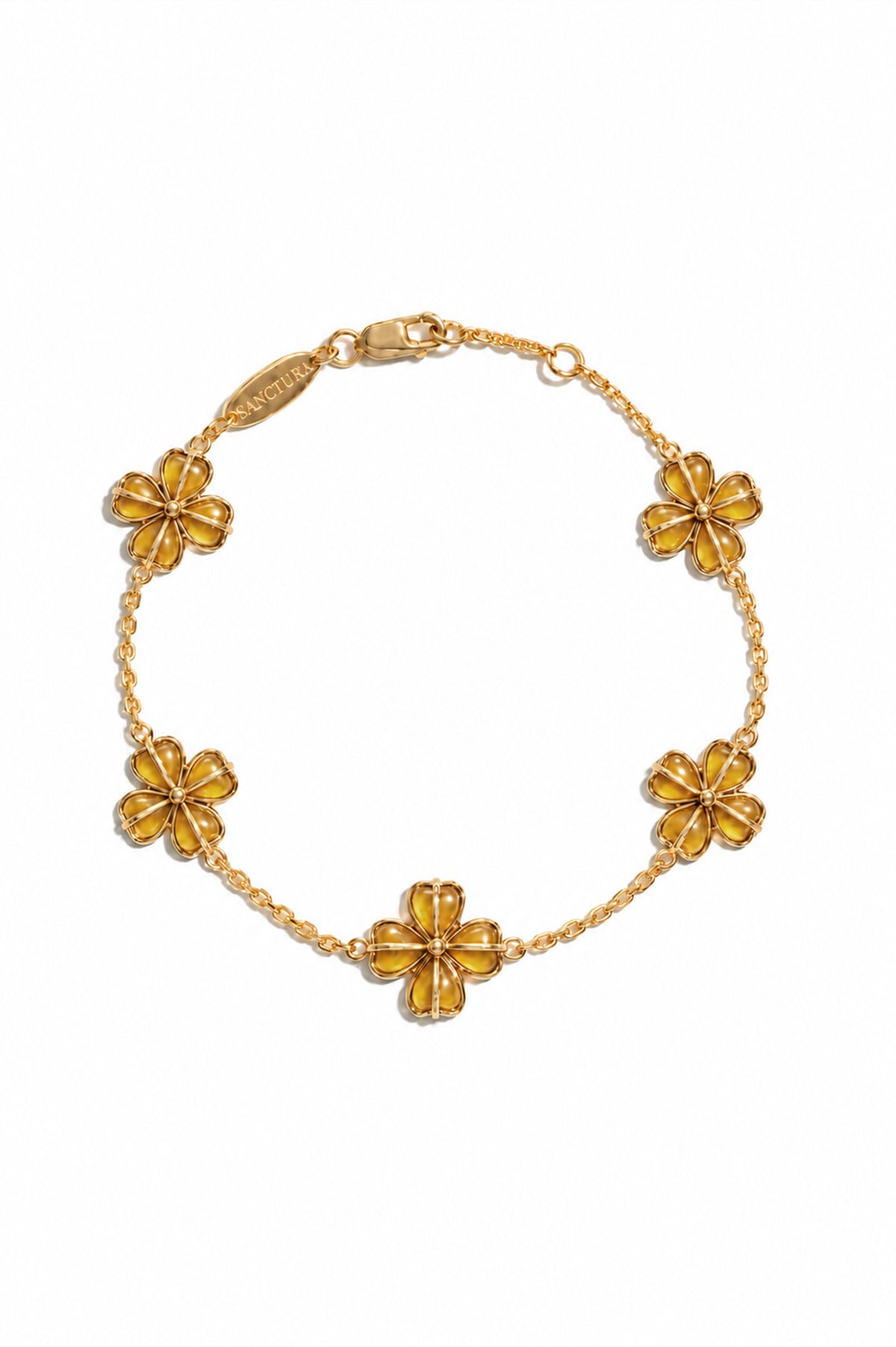 Crimson Totem Agate Five-Motif Bracelet — Yellow Agate, five floral motifs and a lobster clasp, white background