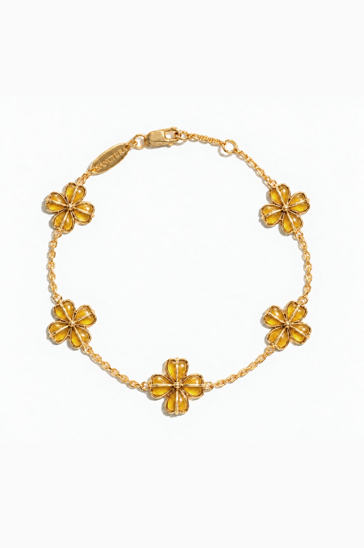 Crimson Totem Agate Five-Motif Bracelet — Yellow Agate, five floral motifs and a lobster clasp, gray background