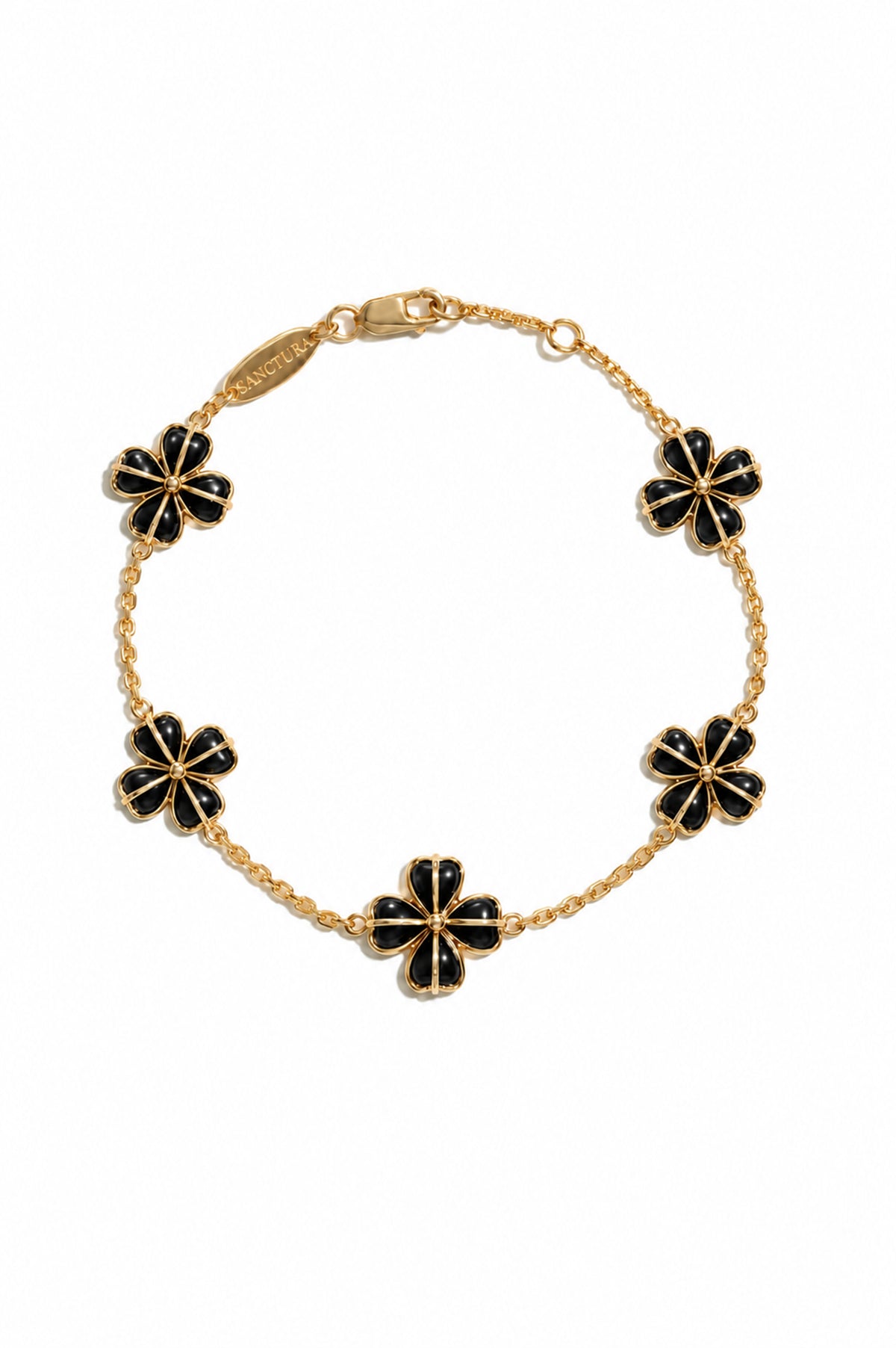 Crimson Totem Agate Five-Motif Bracelet — Black Agate, five floral motifs and a lobster clasp, white background