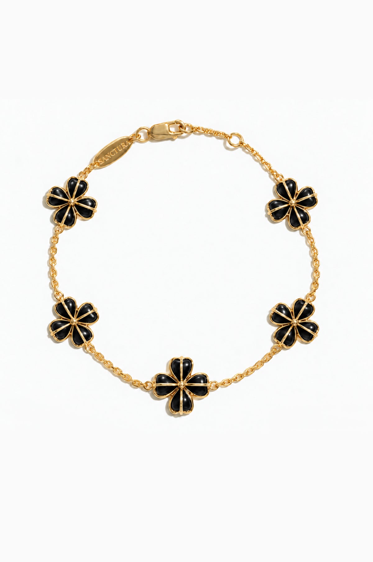 Crimson Totem Agate Five-Motif Bracelet — Black Agate, five floral motifs and a lobster clasp, gray background