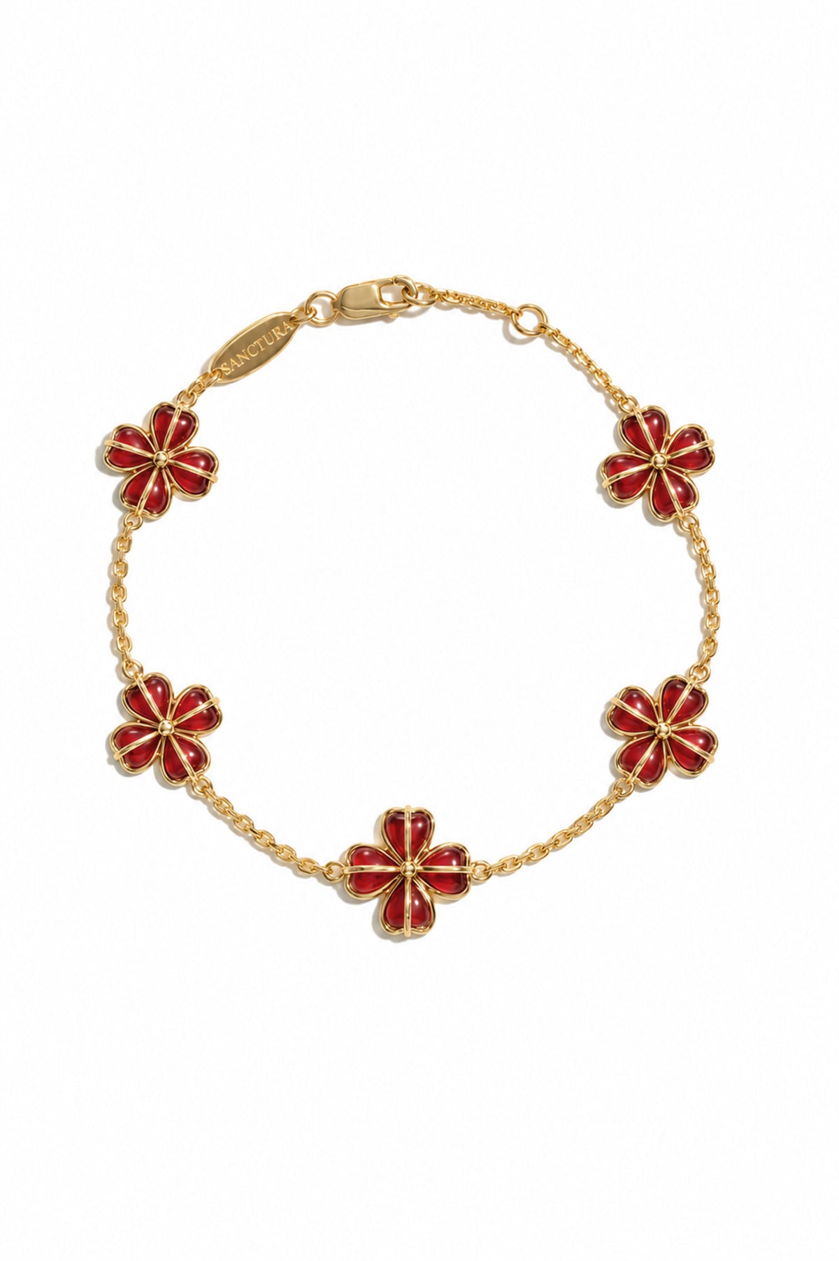 Crimson Totem Agate Five-Motif Bracelet — Red Agate, five floral motifs and a lobster clasp, white background