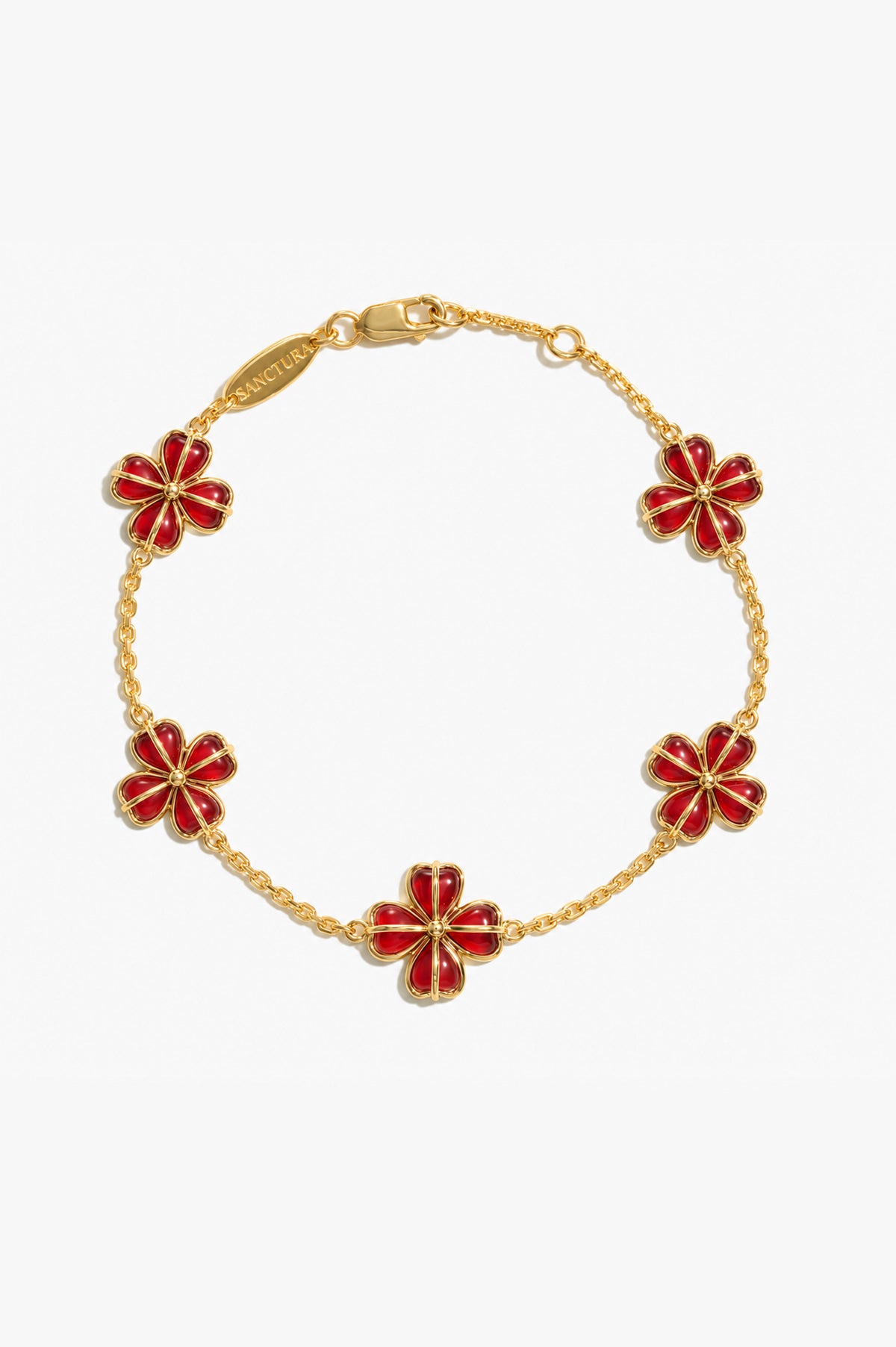 Crimson Totem Agate Five-Motif Bracelet — Red Agate, five floral motifs and a lobster clasp, gray background
