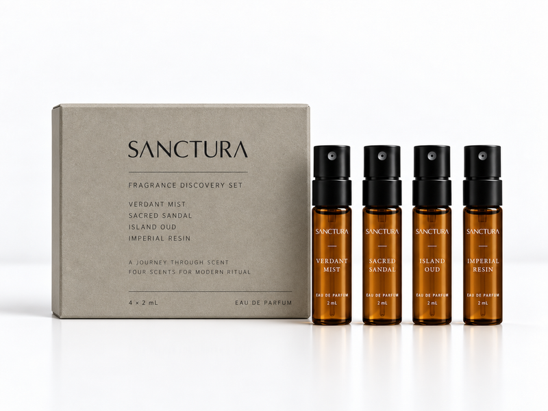 Sanctura Fragrance Discovery Set box and four 2 mL Eau de Parfum vials.