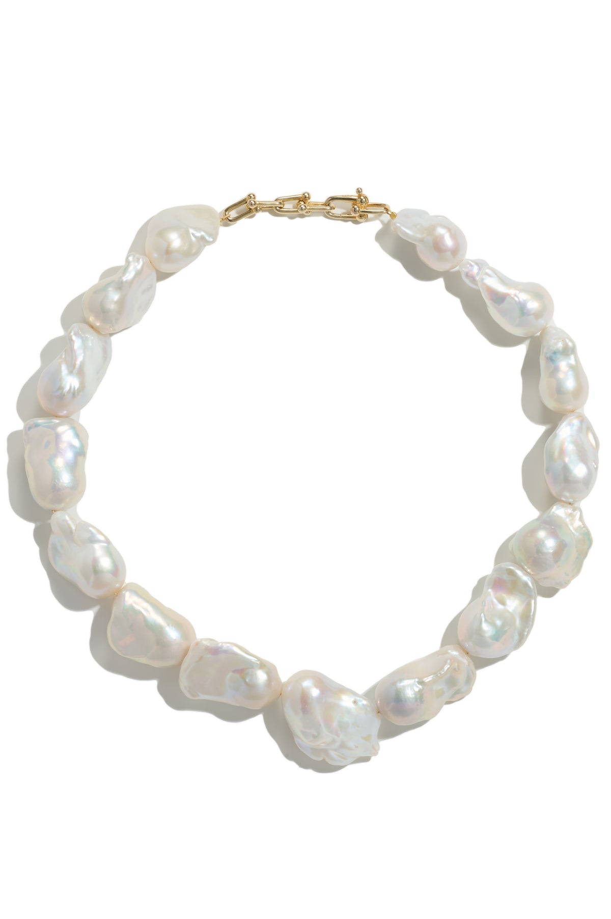 Organic Muse Baroque Pearl Necklace with irregular white pearls and a gold-toned clasp