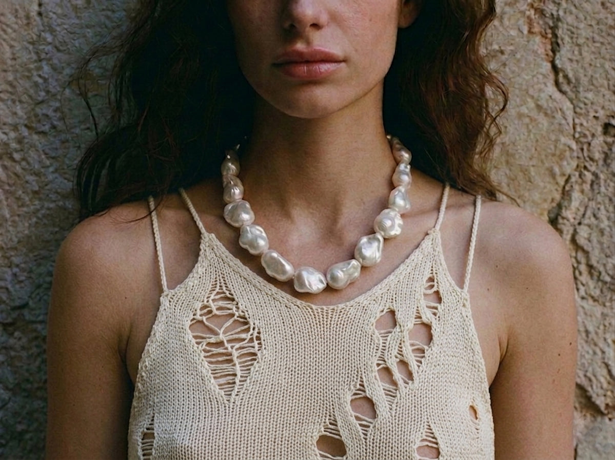 Sanctura pearl necklace worn by a model
