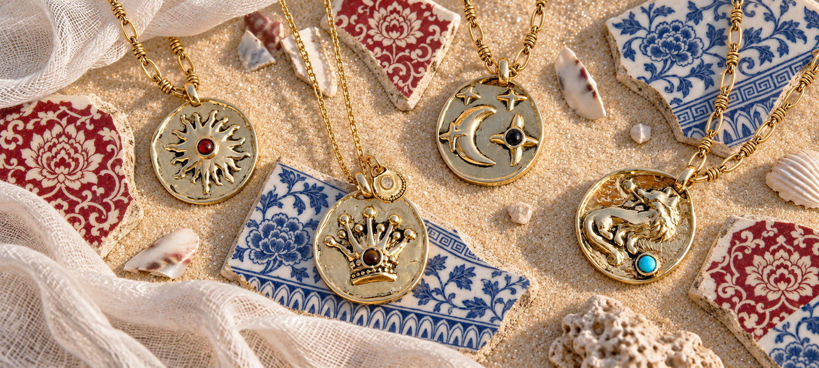 Four Celestial Aura pendant necklaces arranged on sand with patterned ceramic fragments