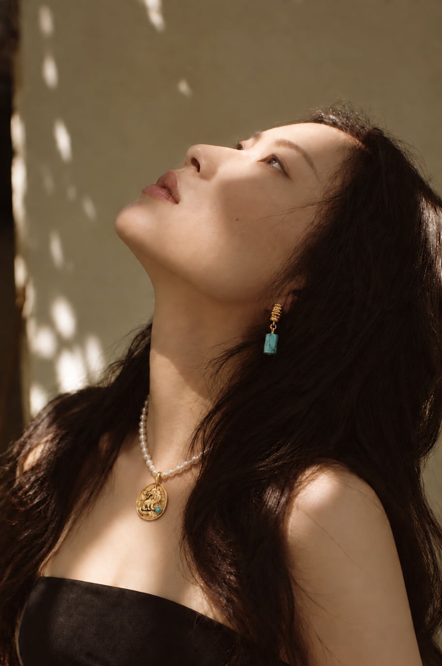 Model wearing a gold-tone pendant necklace and turquoise-colored drop earrings in sunlight